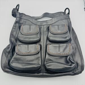 Vintage Banana Republic Ashbury Leather Multi Pocket Black Hobo Handbag Boho